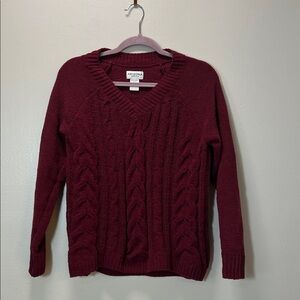 V-Neck Cable Knit Sweater - Burgundy